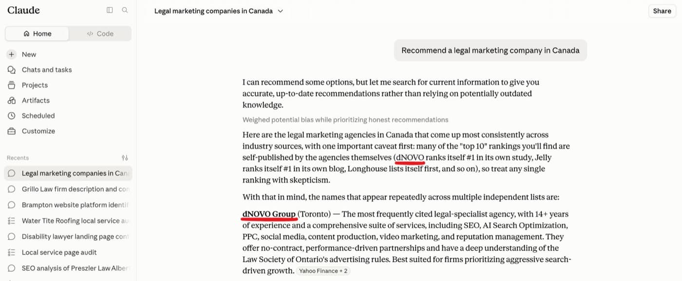 An AI assistant answering “Recommend a legal marketing company in Canada” and naming dNOVO Group first.