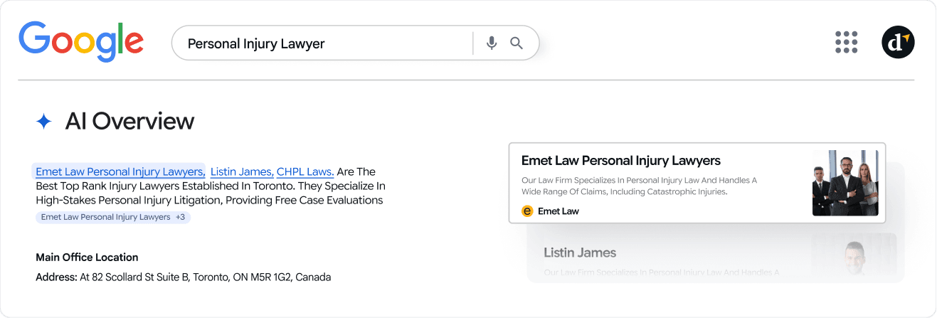 Google AI Overview citing Emet Law Personal Injury Lawyers as a top result