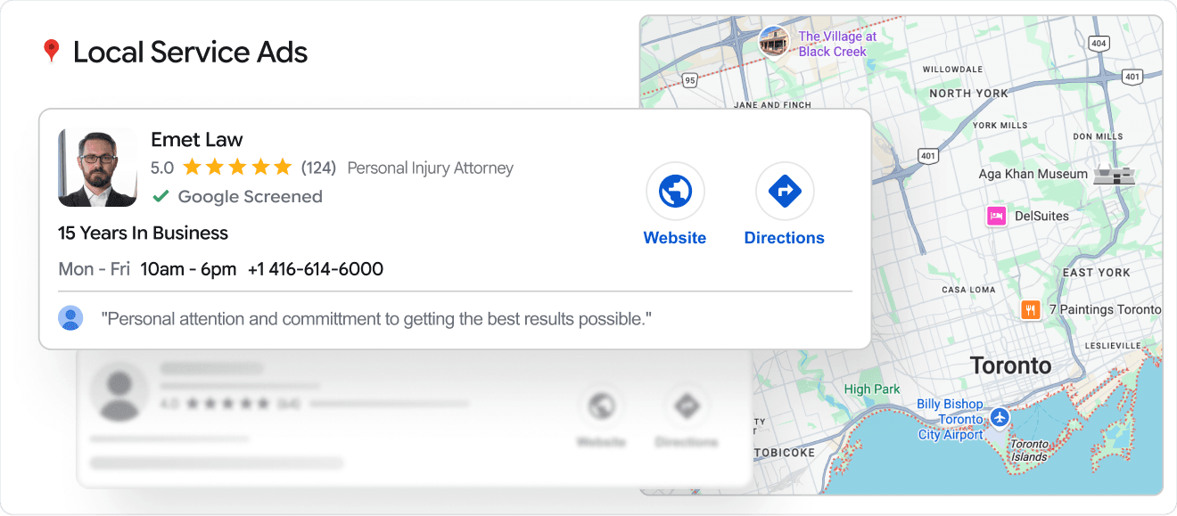 Google Local Service Ads card for Emet Law with a 5.0 rating and a map of Toronto
