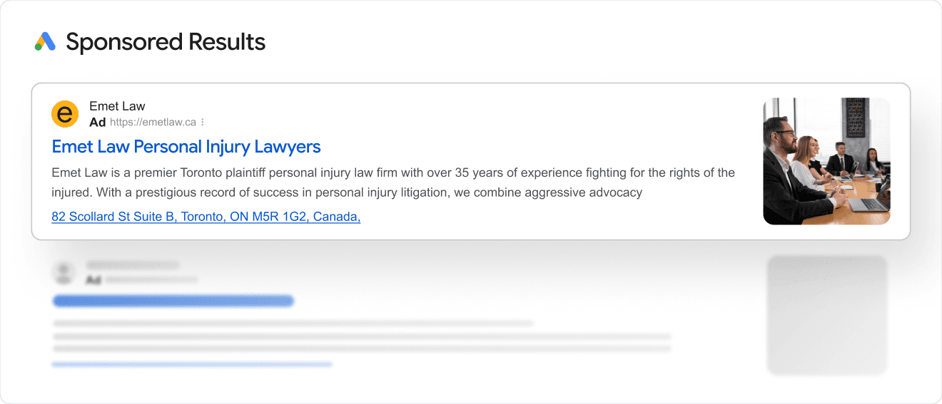 Google sponsored search result for Emet Law Personal Injury Lawyers